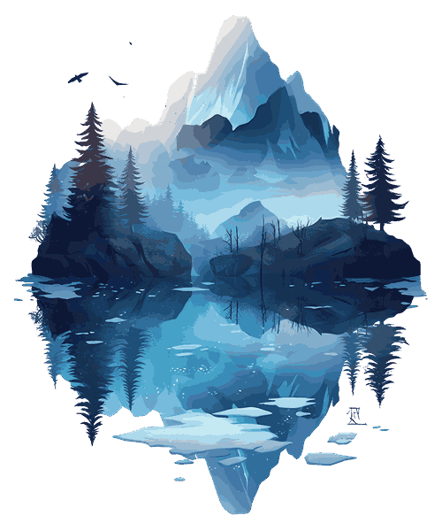 Stylized Dutch lake near a windmill at dawn